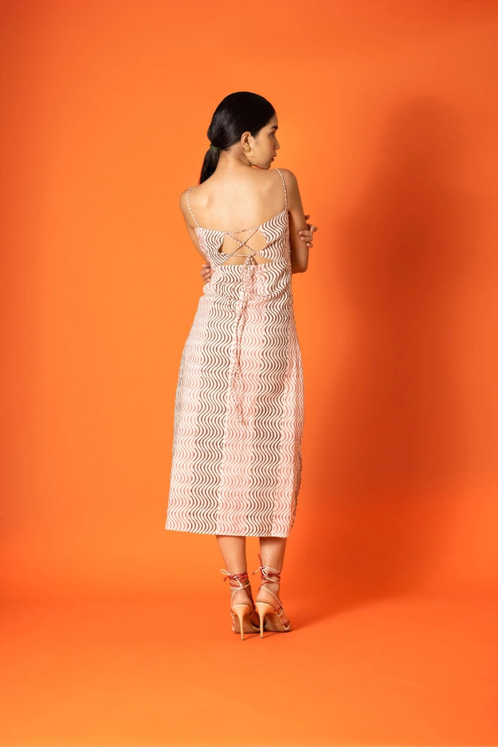 Ilamra hand block printed sustainably made naturally dyed wavy print pink and brown cut-out dress