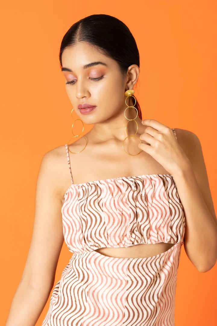 Ilamra hand block printed sustainably made naturally dyed wavy print pink and brown cut-out dress