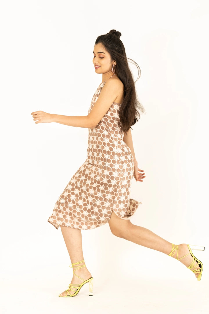 Ilamra hand block printed sustainably made naturally dyed honeycomb print brown and off-white halterneck dress