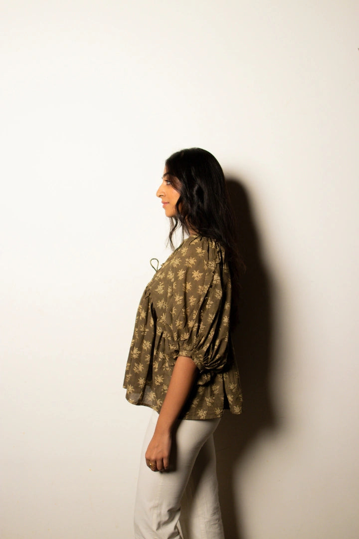 Ilamra kalamkari craft hand block printed organic cotton green and beige top