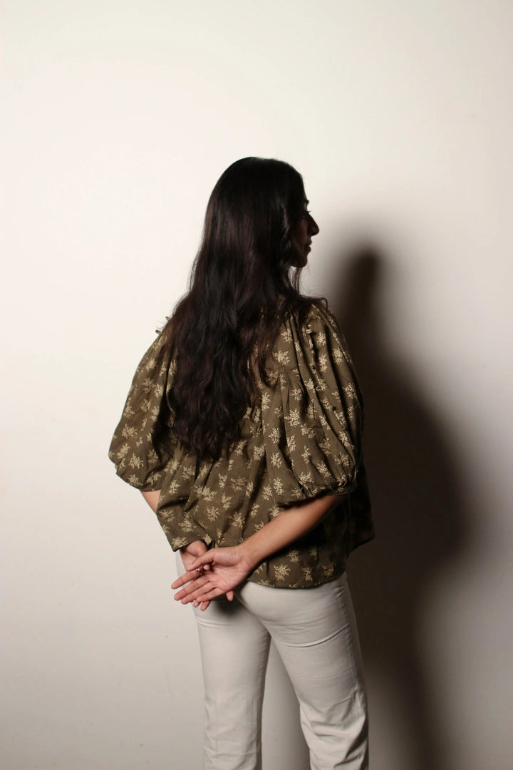 Ilamra kalamkari craft hand block printed organic cotton green and beige top