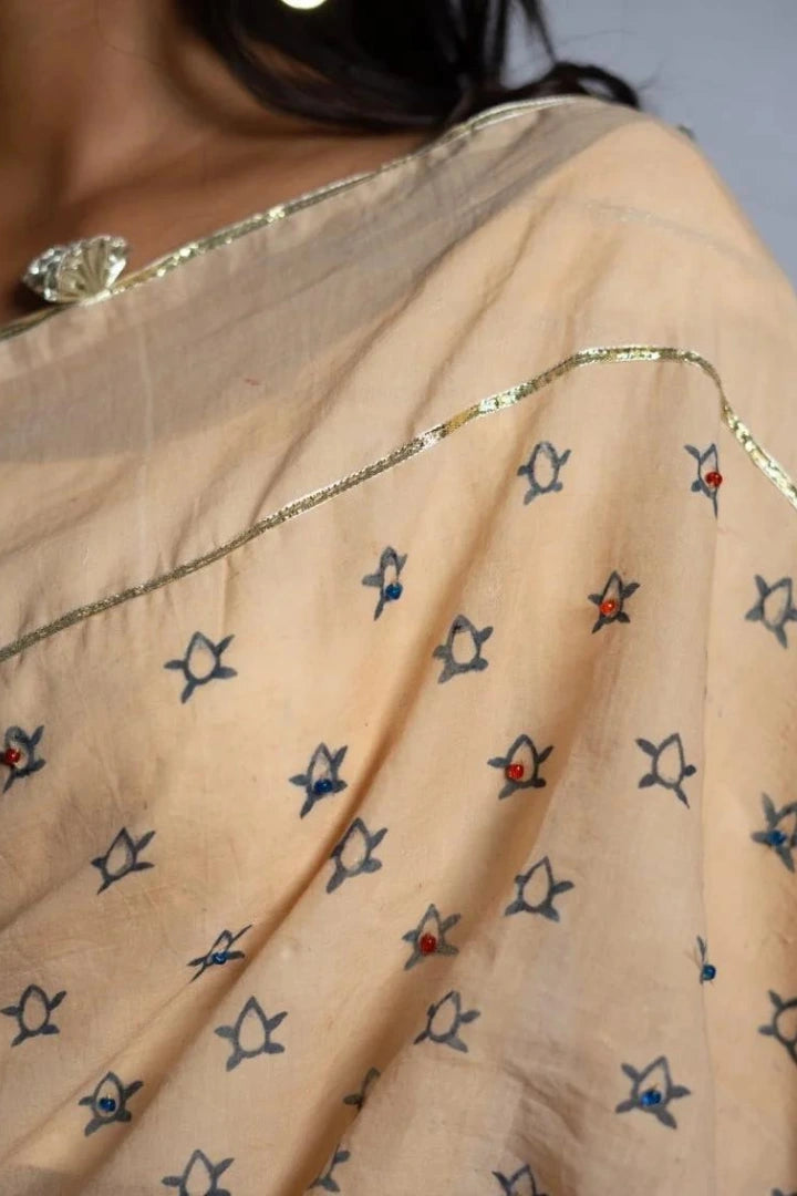 Ilamra kalamkari craft hand block printed organic cotton Beige base with indigo and red motifs saree