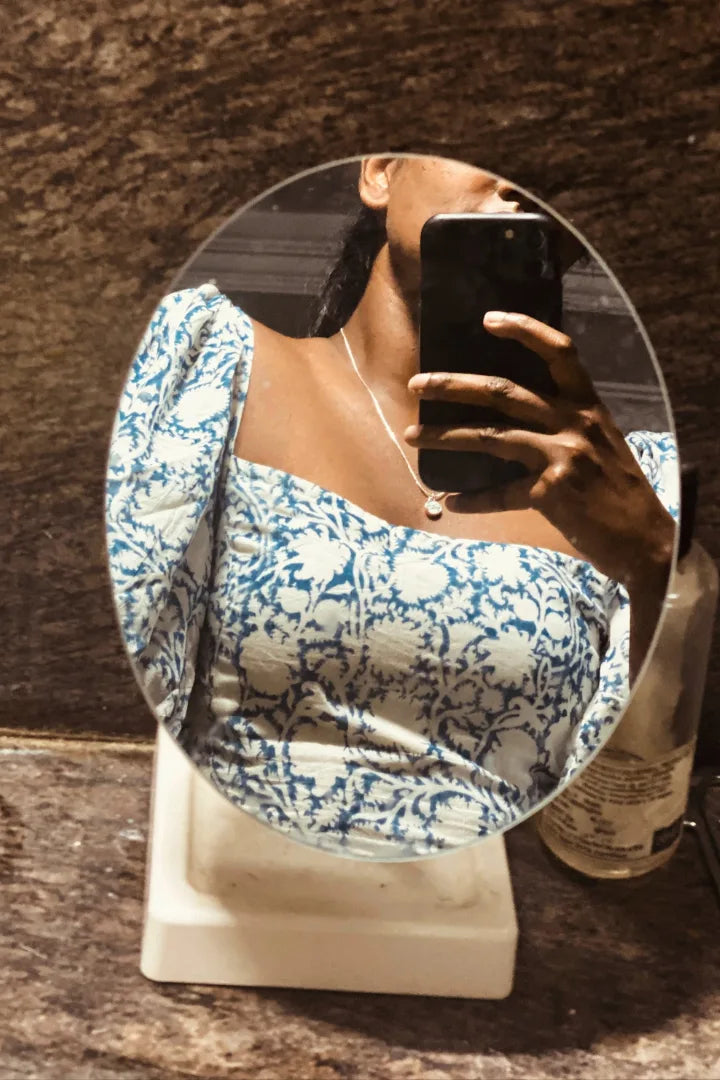 Ilamra sustainable clothing organic cotton Indigo and Off-white hand block printed sexy mini bodycon dress