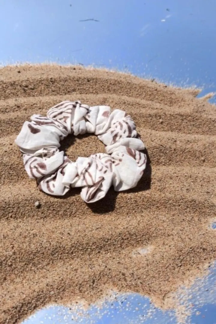 Ilamra hand block printed organic cotton naturally dyed Off white and brown Upcycled Cotton mini scrunchie