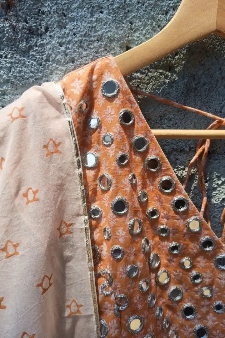 Ilamra sustainable clothing organic cotton off-white and orange hand block printed blouse, dupatta and lehenga set