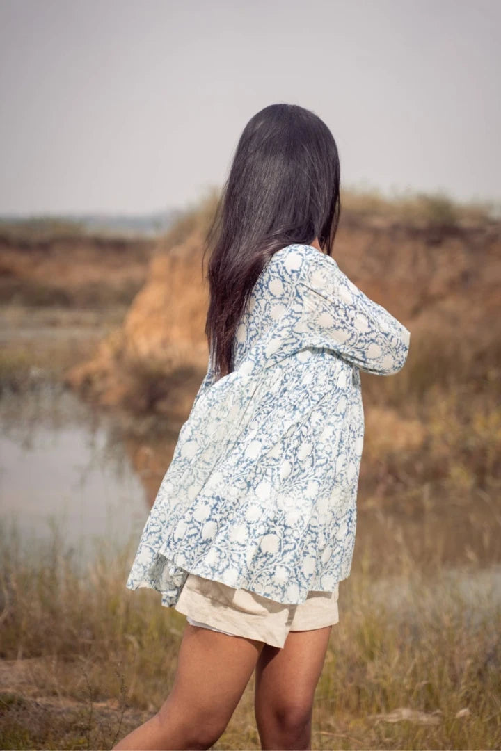 Ilamra sustainable clothing organic cotton Indigo, off-white, hints of green and madder red hand block printed tent dress