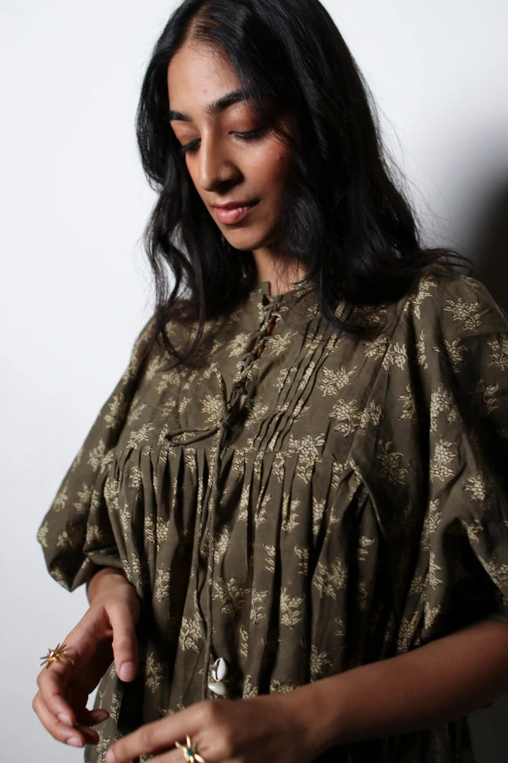 Ilamra kalamkari craft hand block printed organic cotton green and beige top