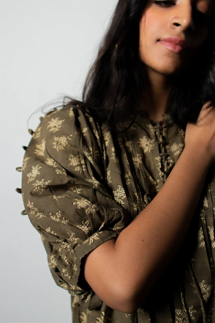 Ilamra kalamkari craft hand block printed organic cotton green and beige top