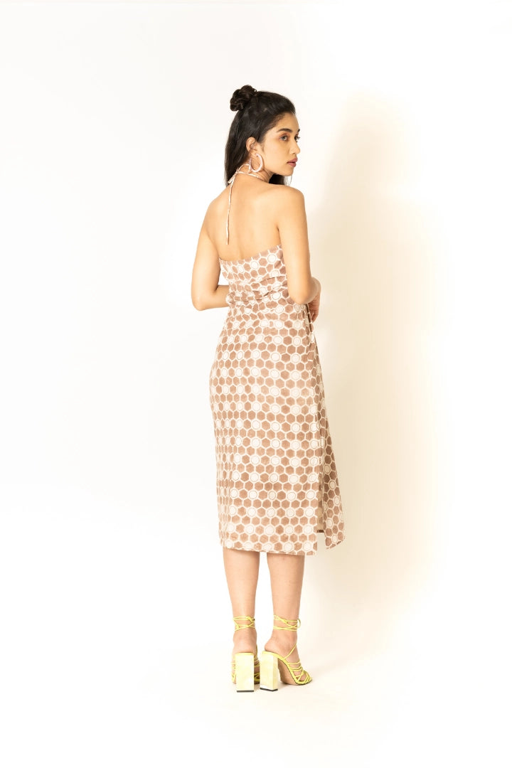 Ilamra hand block printed sustainably made naturally dyed honeycomb print brown and off-white halterneck dress