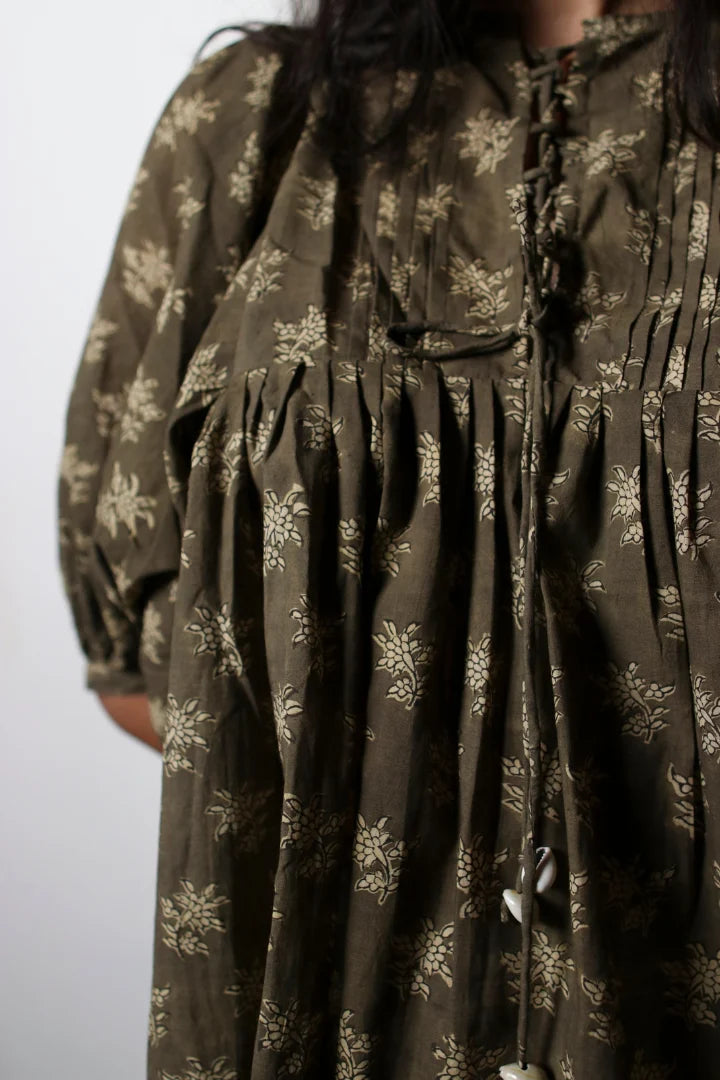 Ilamra kalamkari craft hand block printed organic cotton green and beige top
