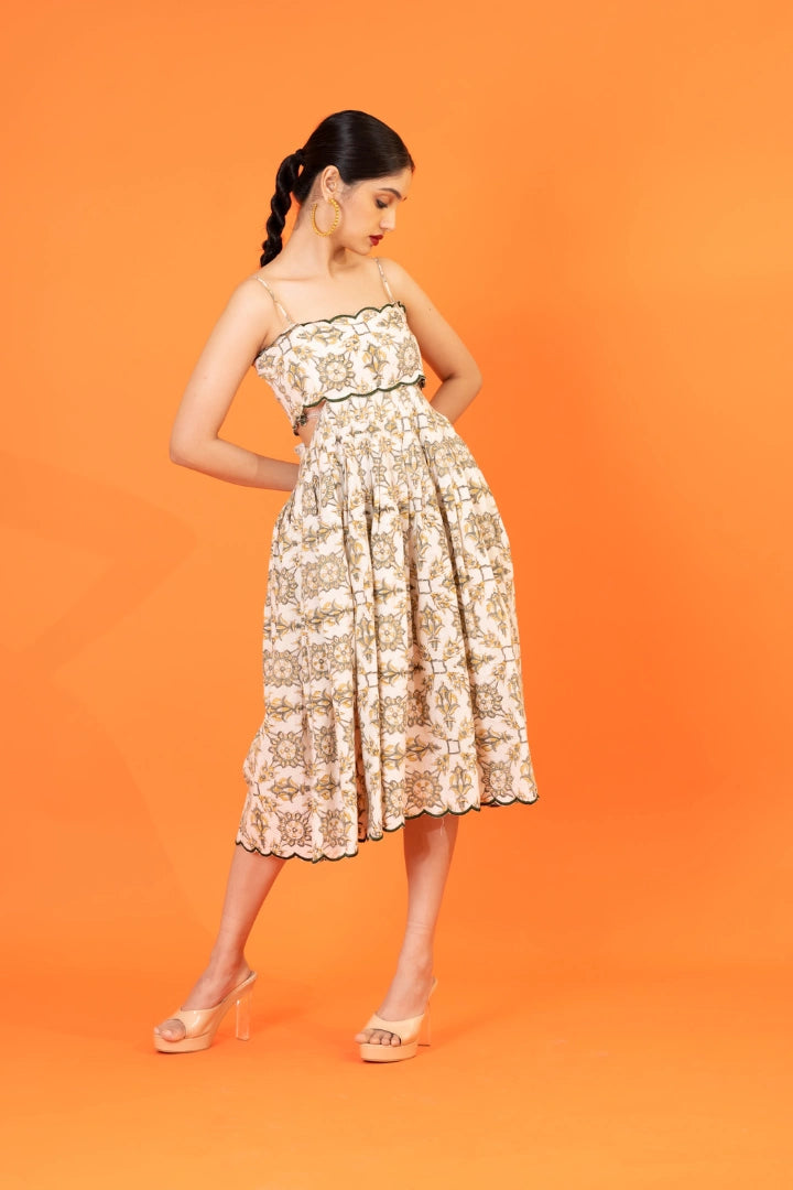 Ilamra hand block printed sustainably made naturally dyed yellow and dirty green on off-white chic cut-out dress