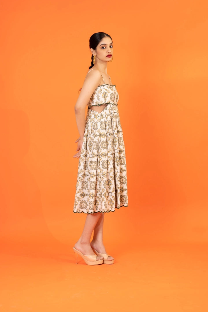 Ilamra hand block printed sustainably made naturally dyed yellow and dirty green on off-white chic cut-out dress