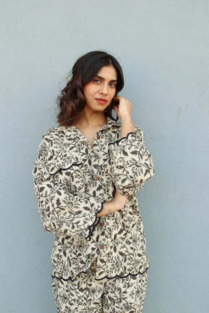 Ilamra hand block printed sustainably made naturally dyed beige, grey and black shirt