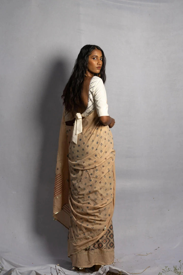 Ilamra kalamkari craft hand block printed organic cotton Beige base with indigo and red motifs saree