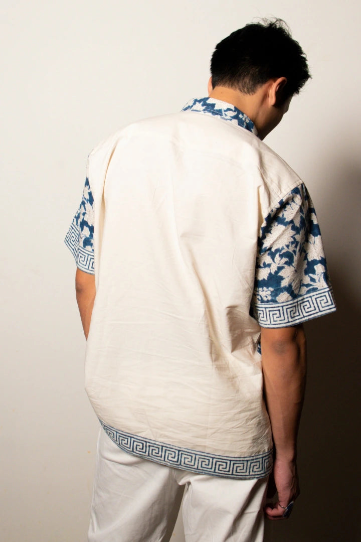 ilamra men's hand block printed naturally dyed organic cotton indigo and white shirt