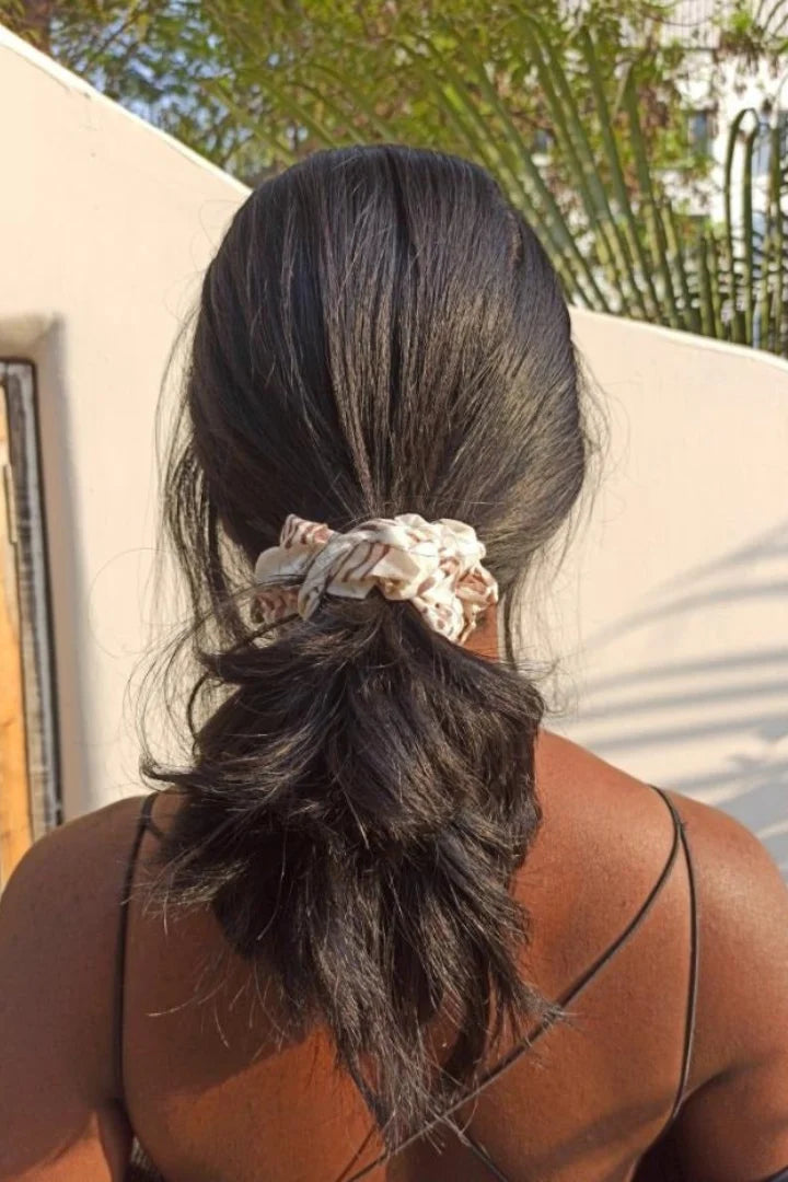 Ilamra hand block printed organic cotton naturally dyed Off white and brown Upcycled Cotton mini scrunchie