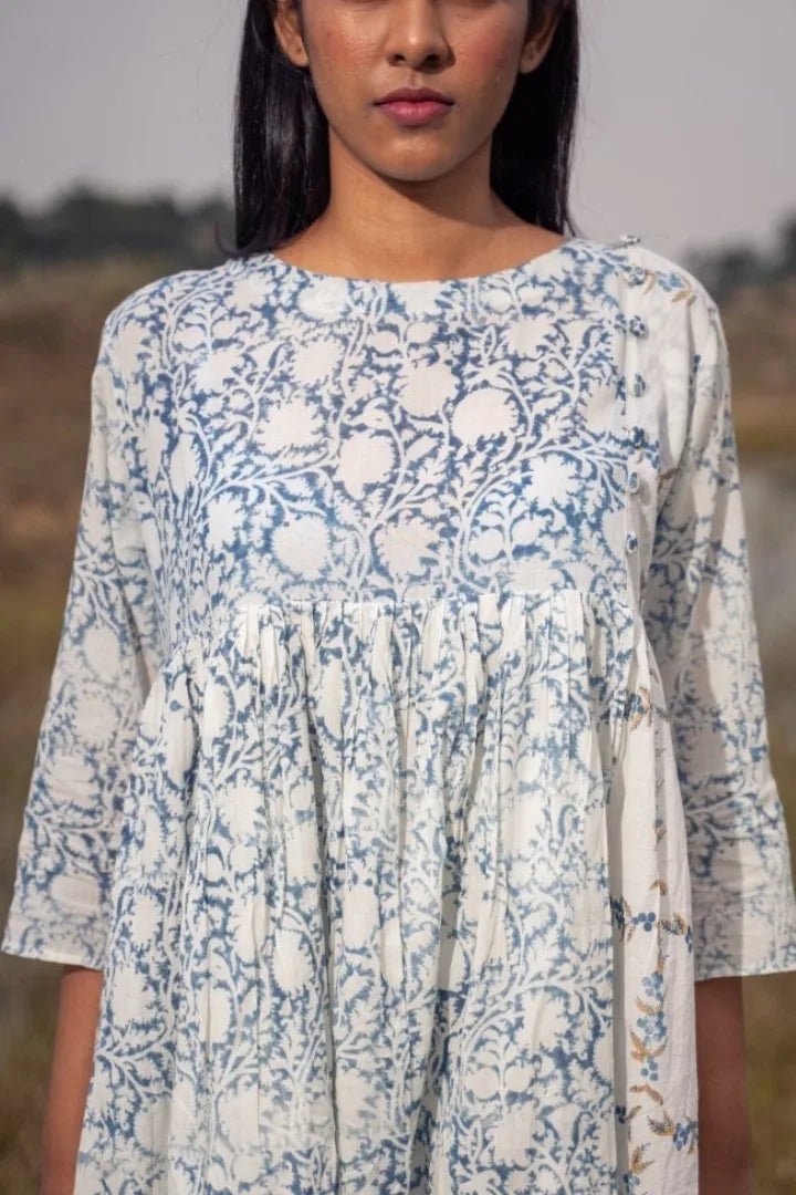 Ilamra sustainable clothing organic cotton Indigo, off-white, hints of green and madder red hand block printed tent dress