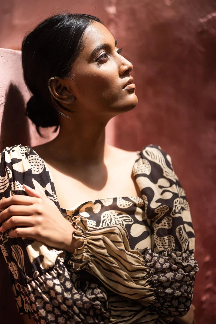 Ilamra kalamkari craft hand block printed organic cotton black and beige puffed blouse