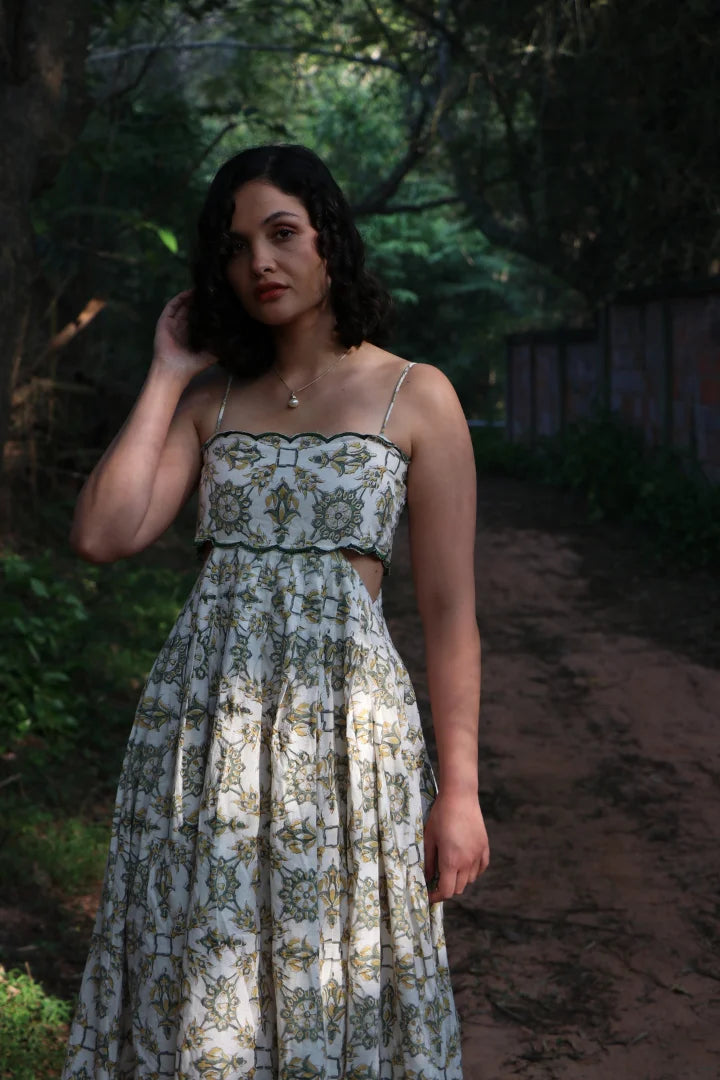 Ilamra hand block printed sustainably made naturally dyed yellow and dirty green on off-white chic cut-out dress