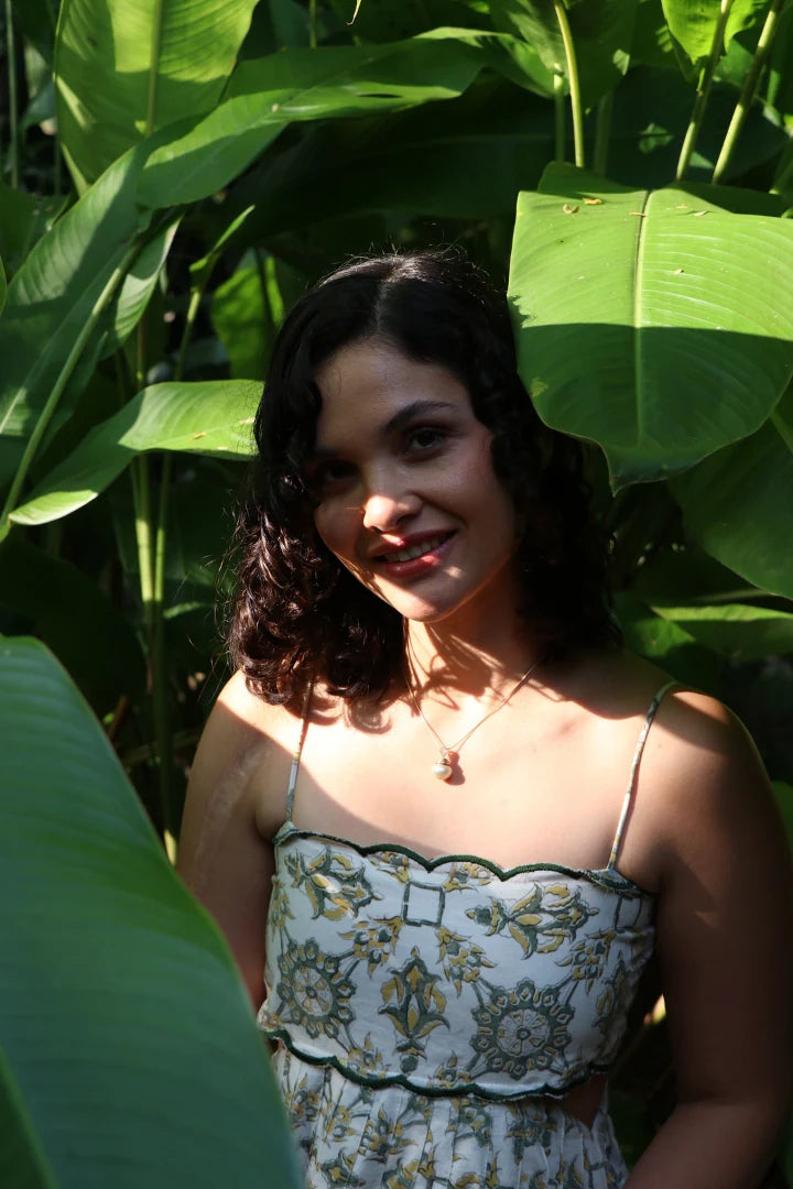 Ilamra hand block printed sustainably made naturally dyed yellow and dirty green on off-white chic cut-out dress