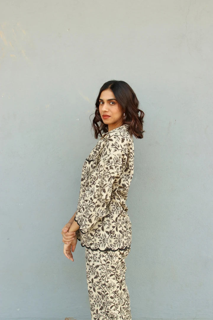 Ilamra hand block printed sustainably made naturally dyed beige, grey and black shirt