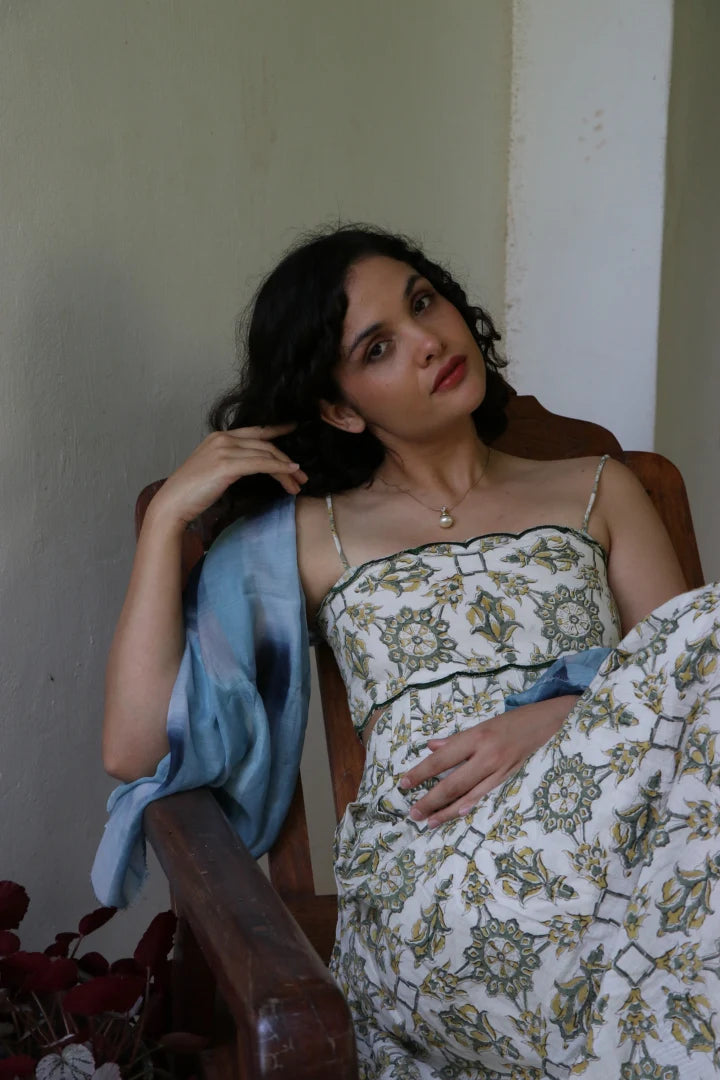 Ilamra hand block printed sustainably made naturally dyed yellow and dirty green on off-white chic cut-out dress