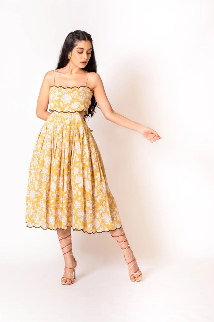 Ilamra hand block printed sustainably made naturally dyed mustard yellow and brown cool cut-out dress