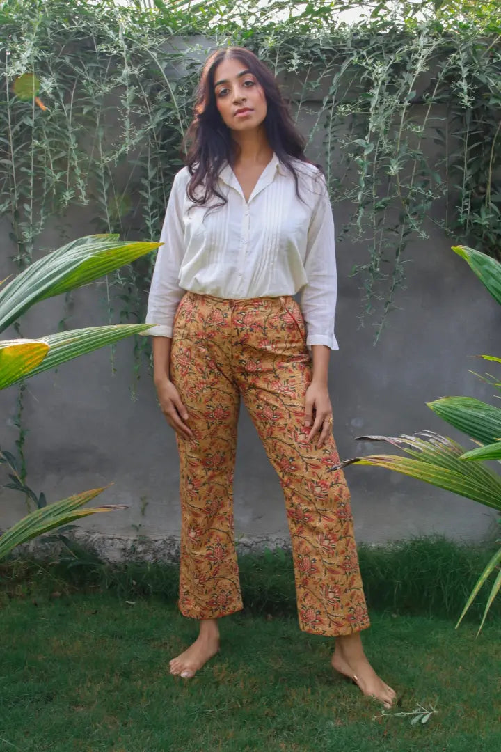 Ilamra kalamkari craft hand block printed organic cotton mustard, yellow, red and green pants
