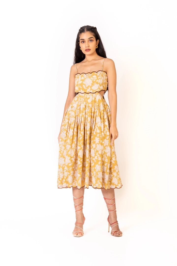 Ilamra hand block printed sustainably made naturally dyed mustard yellow and brown cool cut-out dress