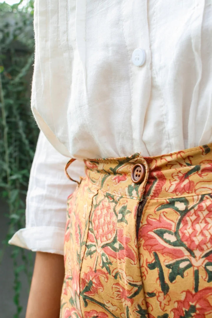 Ilamra kalamkari craft hand block printed organic cotton mustard, yellow, red and green pants