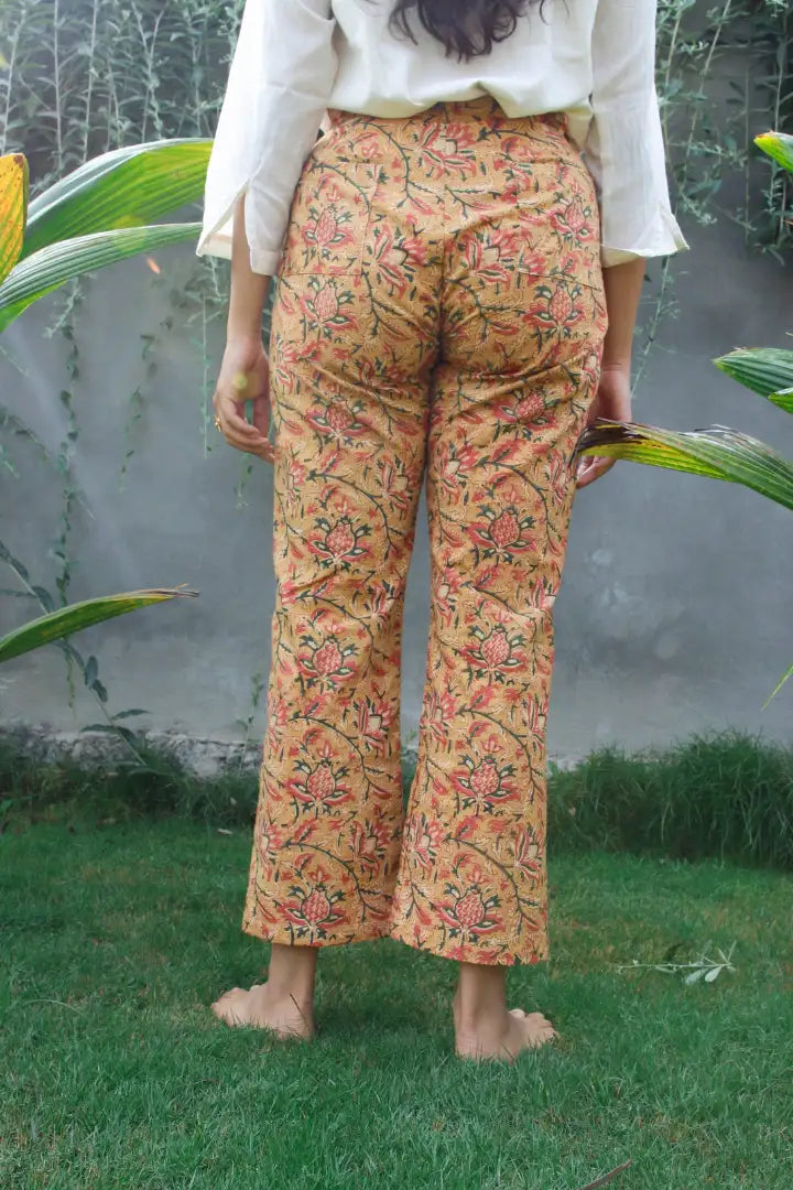 Ilamra kalamkari craft hand block printed organic cotton mustard, yellow, red and green pants