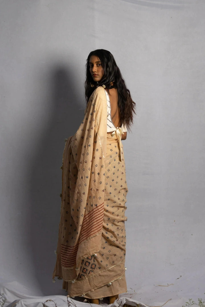 Ilamra kalamkari craft hand block printed organic cotton Beige base with indigo and red motifs saree