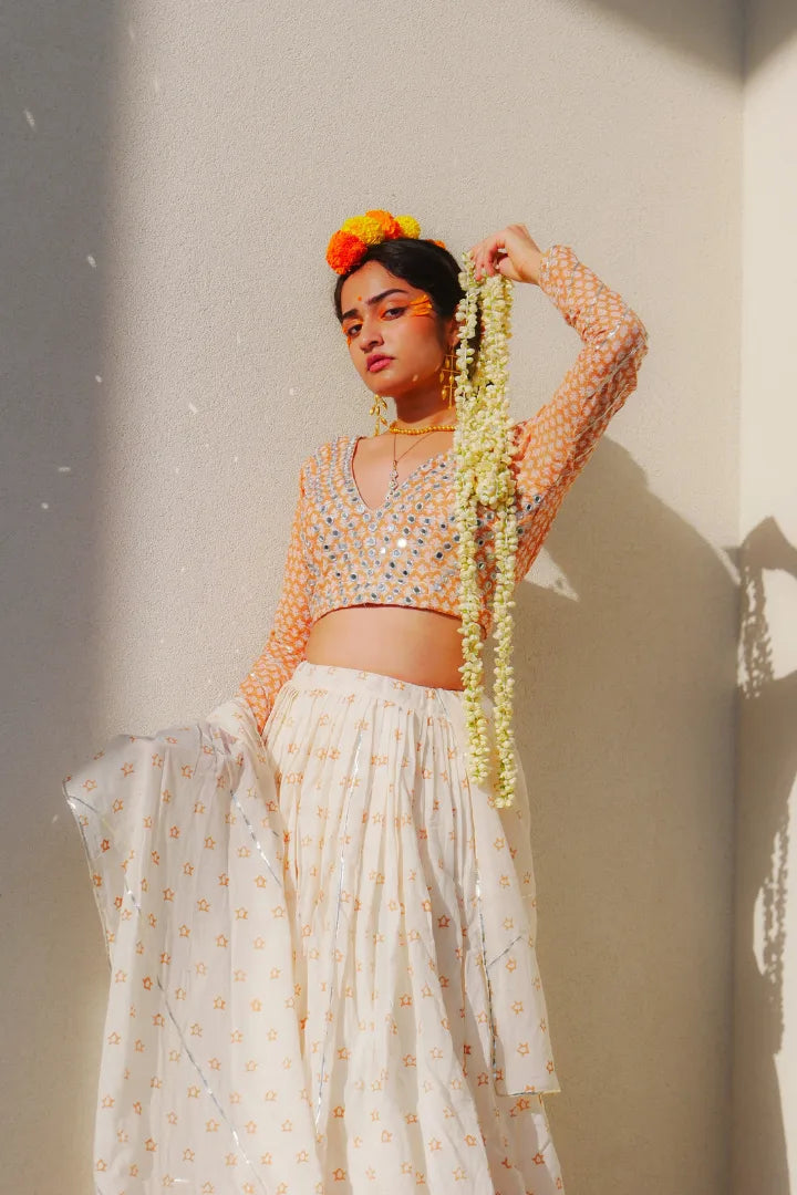 Ilamra sustainable clothing organic cotton off-white and orange hand block printed blouse, dupatta and lehenga set