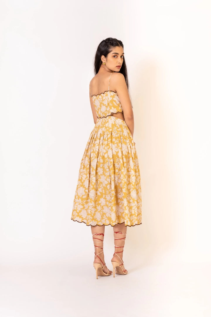 Ilamra hand block printed sustainably made naturally dyed mustard yellow and brown cool cut-out dress