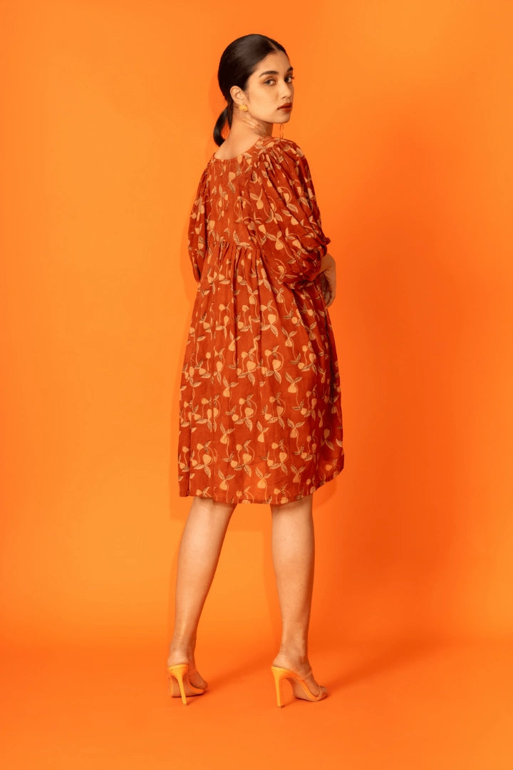 Ilamra hand block printed sustainably made naturally dyed madder red and beige relaxed dress