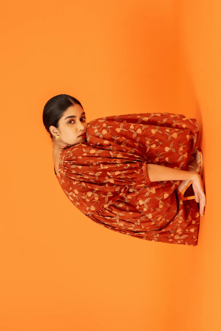 Ilamra hand block printed sustainably made naturally dyed madder red and beige relaxed dress