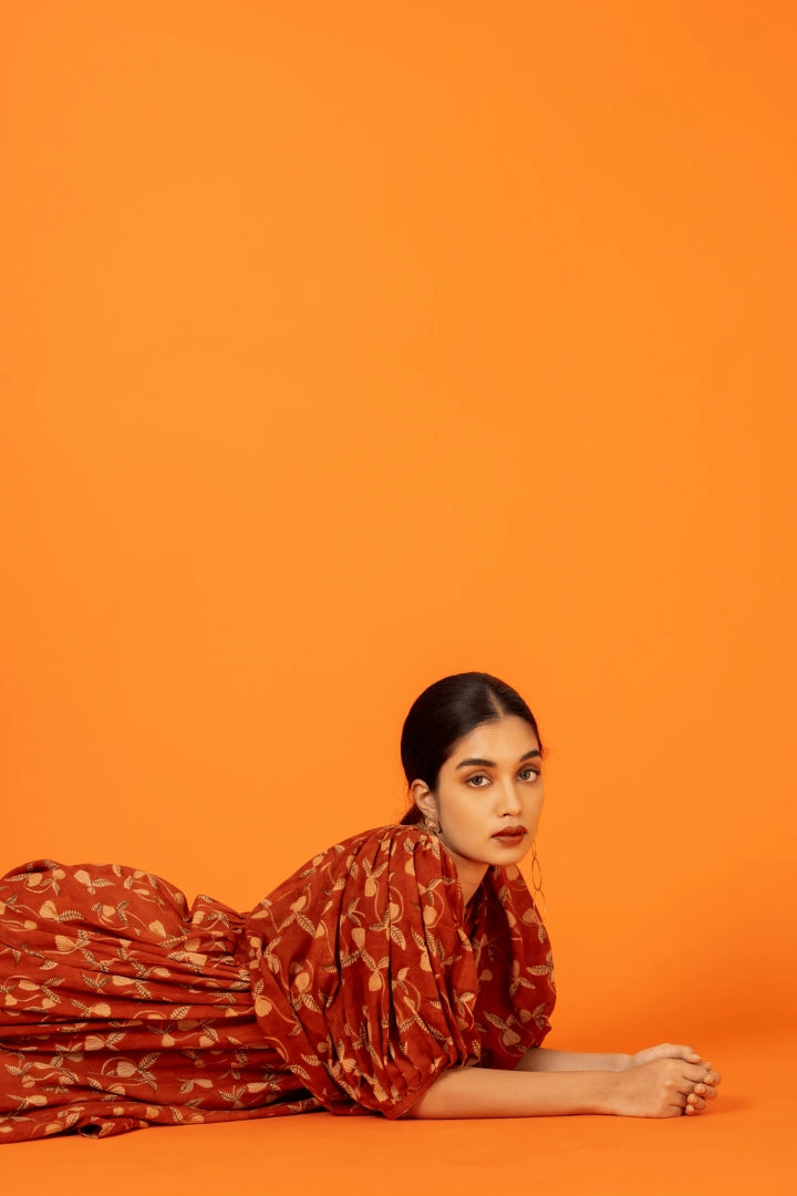 Ilamra hand block printed sustainably made naturally dyed madder red and beige relaxed dress