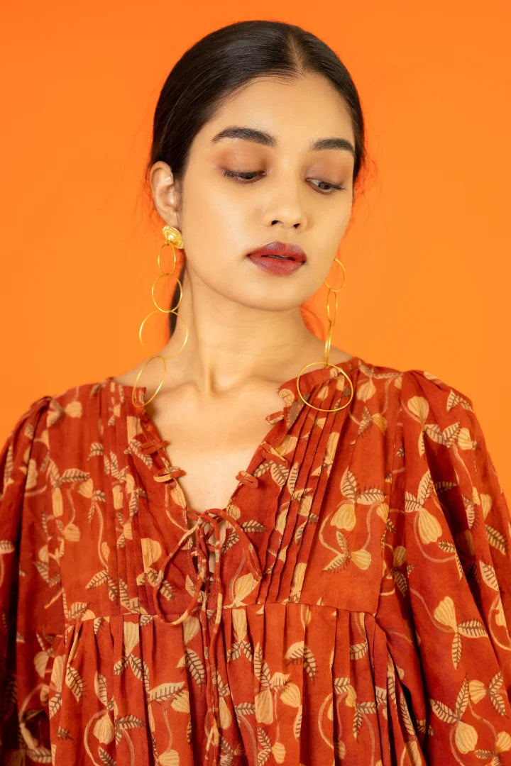 Ilamra hand block printed sustainably made naturally dyed madder red and beige relaxed dress