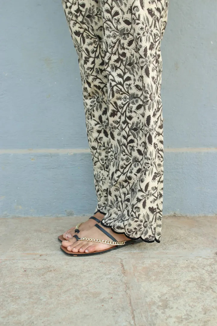 Ilamra kalamkari craft hand block printed organic cotton beige, grey and black pants