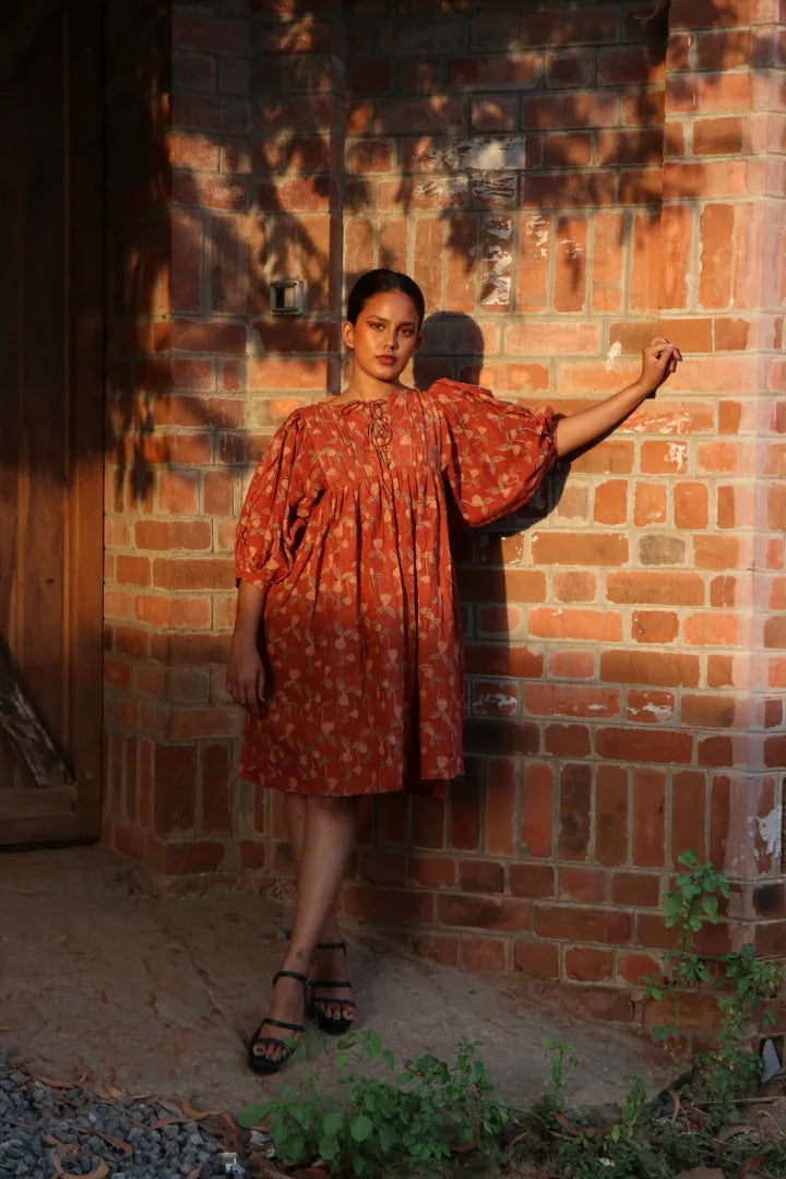 Ilamra hand block printed sustainably made naturally dyed madder red and beige relaxed dress