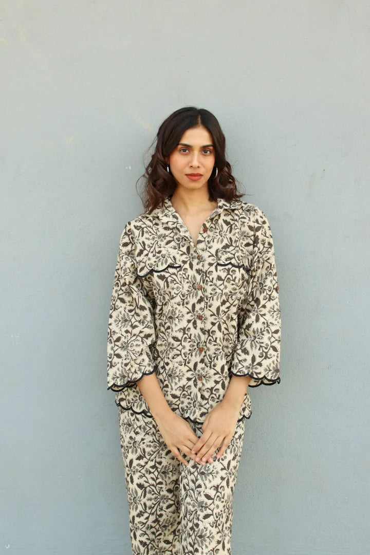 Ilamra kalamkari craft hand block printed organic cotton beige, grey and black pants