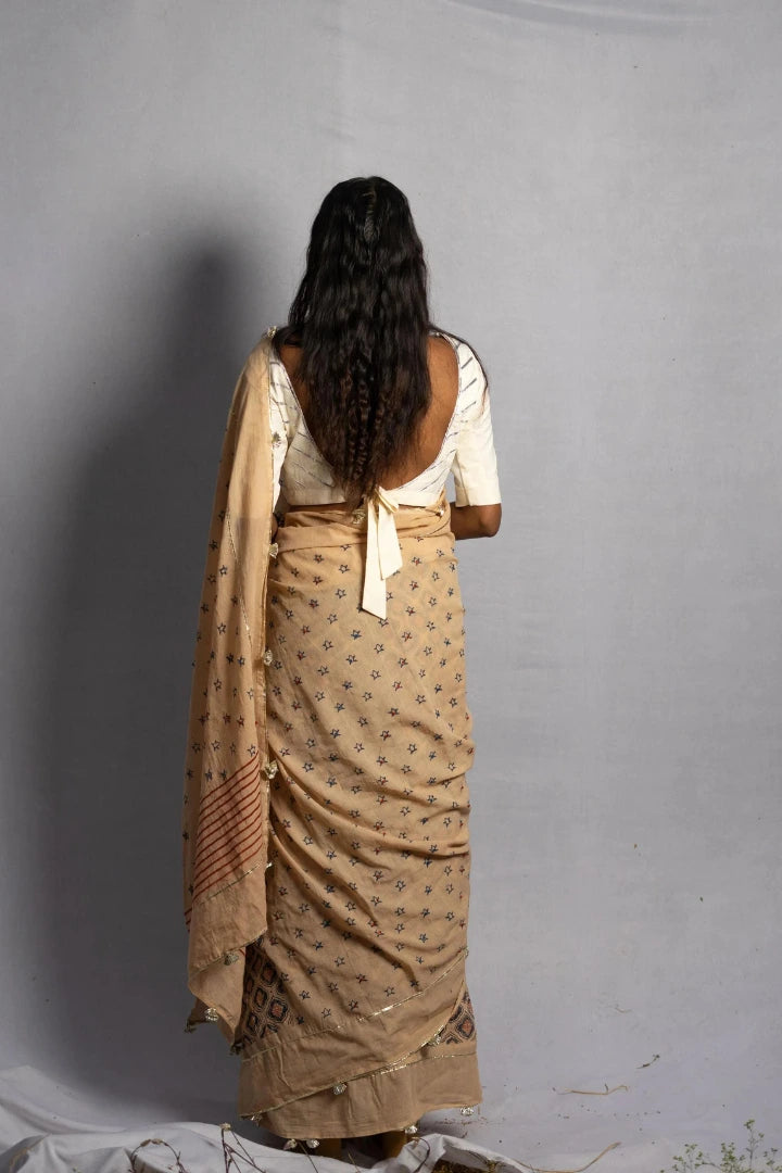 Ilamra kalamkari craft hand block printed organic cotton Beige base with indigo and red motifs saree