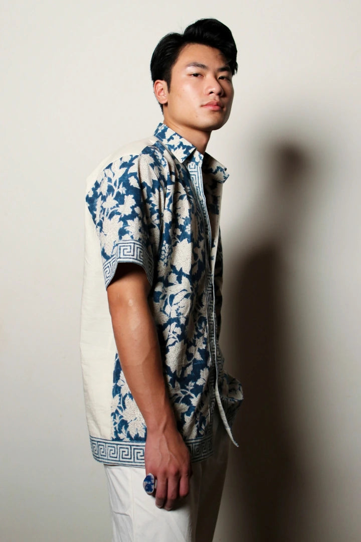 ilamra men's hand block printed naturally dyed organic cotton indigo and white shirt