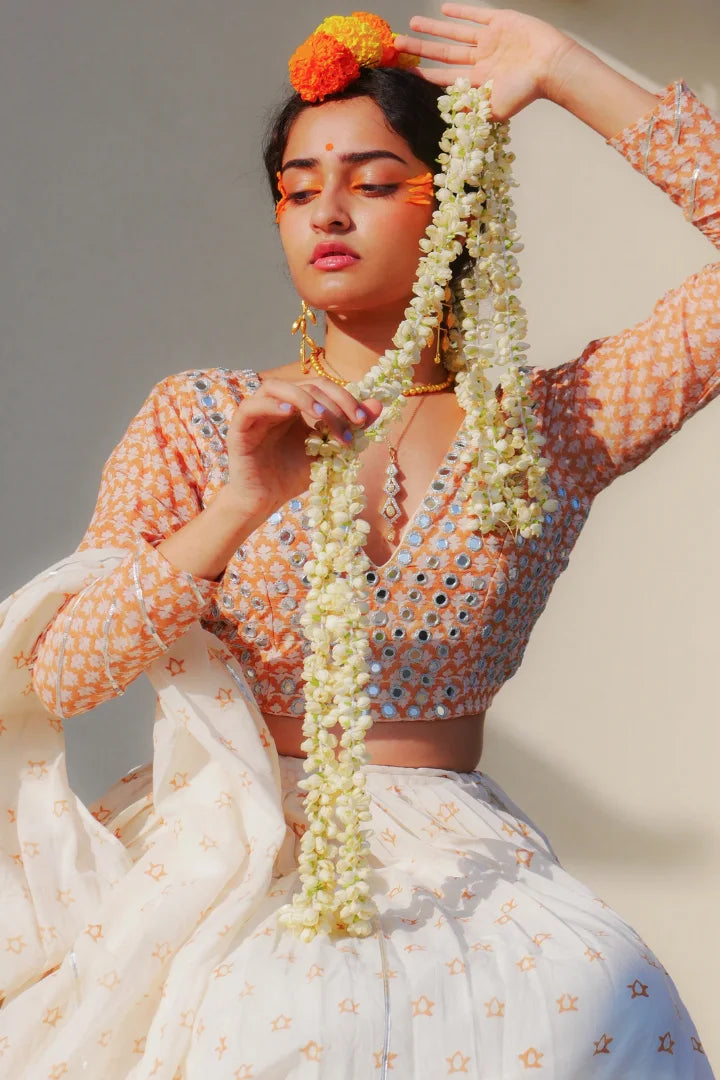 Ilamra sustainable clothing organic cotton off-white and orange hand block printed blouse, dupatta and lehenga set