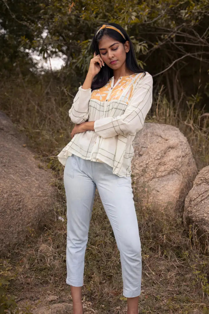 Ilamra kalamkari craft hand block printed organic cotton Off-white, mustard yellow and dark green breezy top
