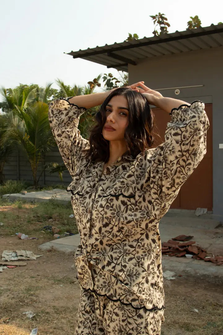 Ilamra kalamkari craft hand block printed organic cotton beige, grey and black pants