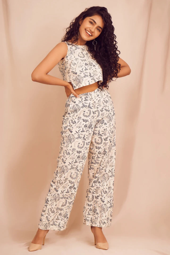 Ilamra hand block printed organic cotton naturally dyed Indigo and off-white cool crop top and pants set