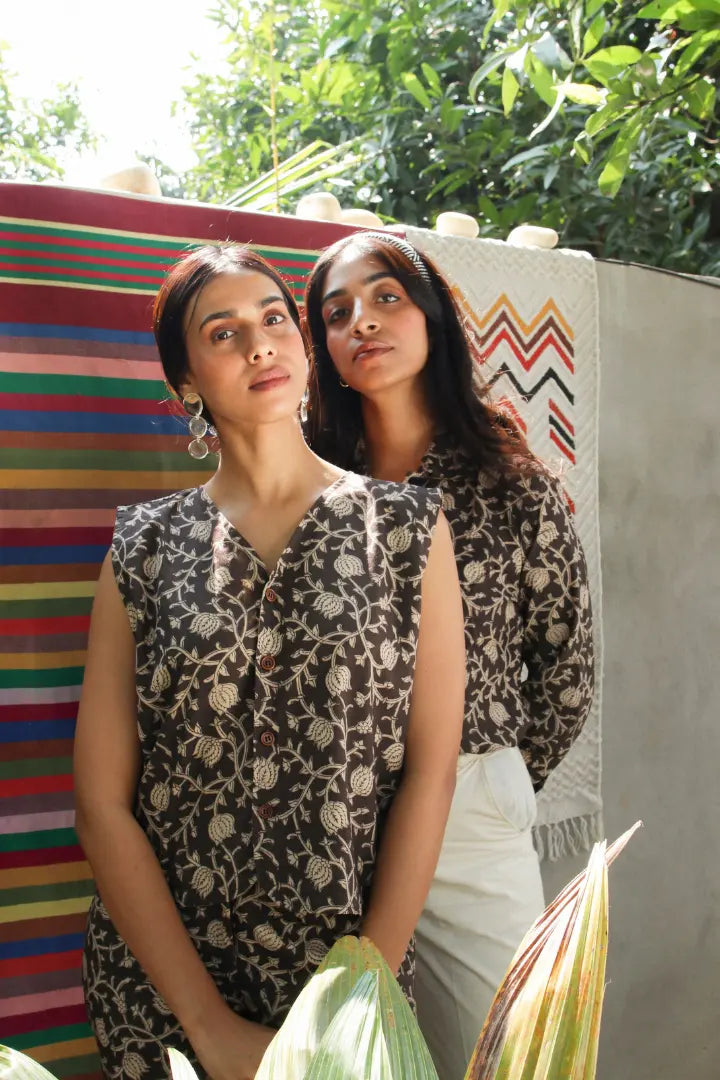 Ilamra kalamkari craft hand block printed organic cotton black and beige vest