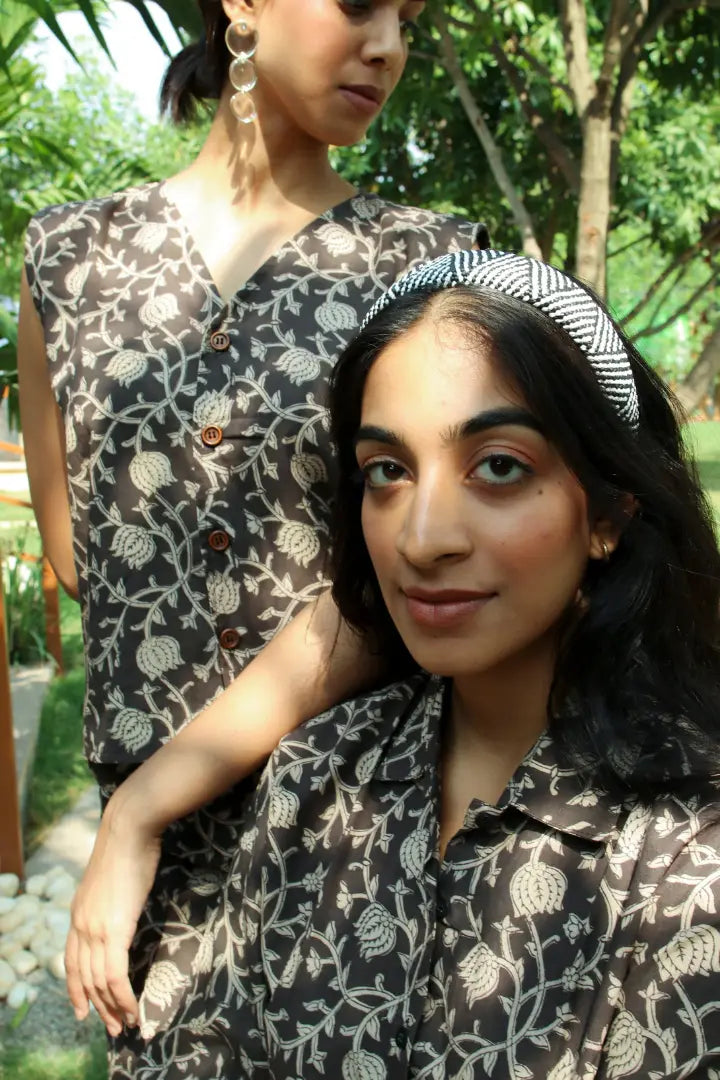 Ilamra kalamkari craft hand block printed organic cotton black and beige vest