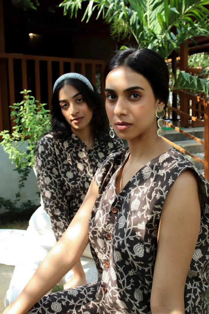 Ilamra kalamkari craft hand block printed organic cotton black and beige vest